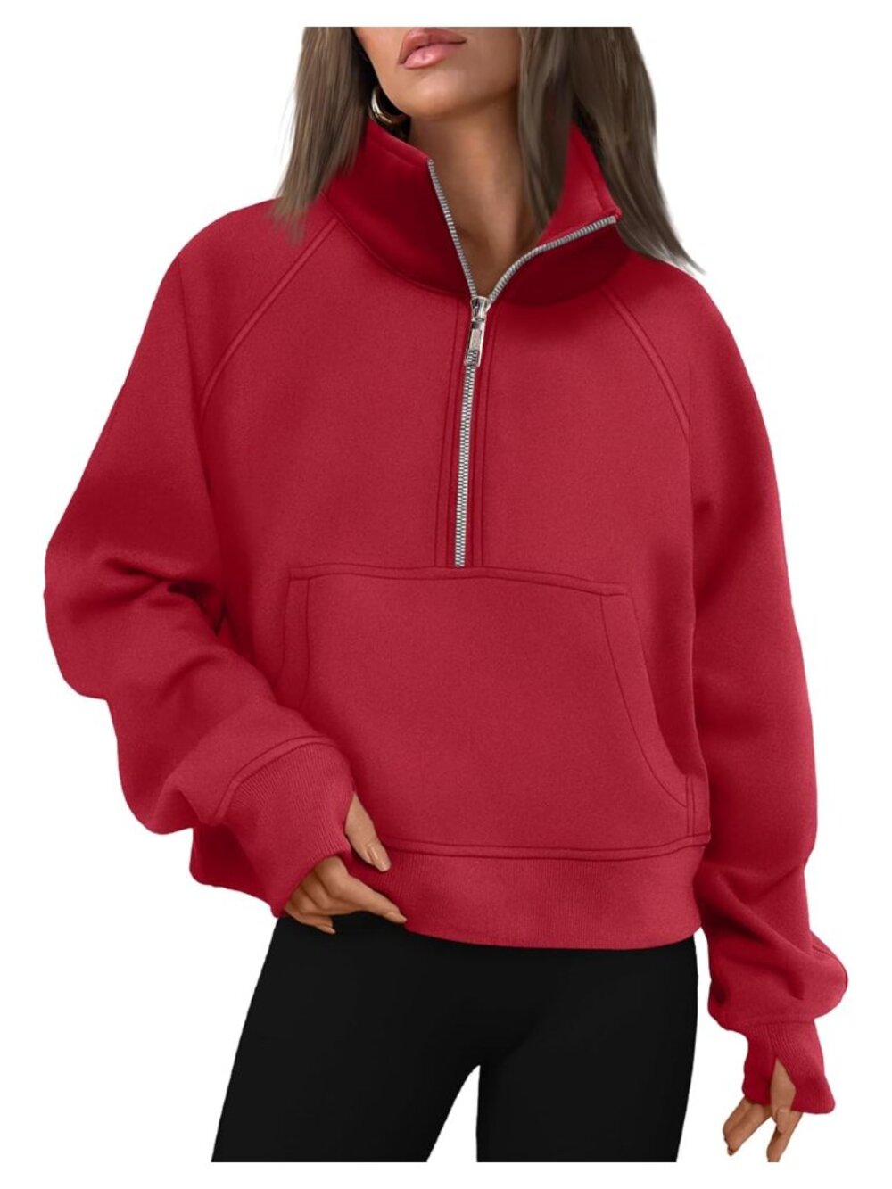 Womens Half Zip Fleece Pullover Sweatshirt Thumb Holes Kangaroo Pocket